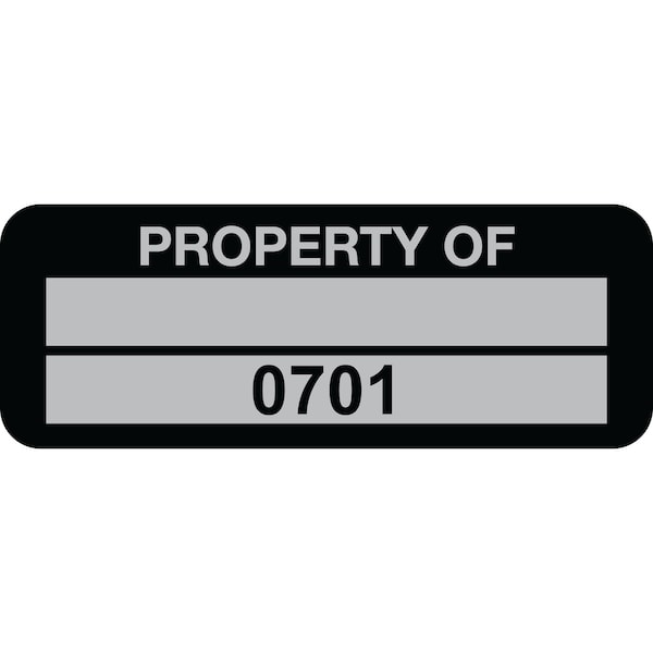 Lustre-Cal Property ID Label PROPERTY OF 5 Alum Black 2in x 0.75in 1 Blank Pad & Serialized 0701-0800, 100PK 253740Ma2K0701 - main